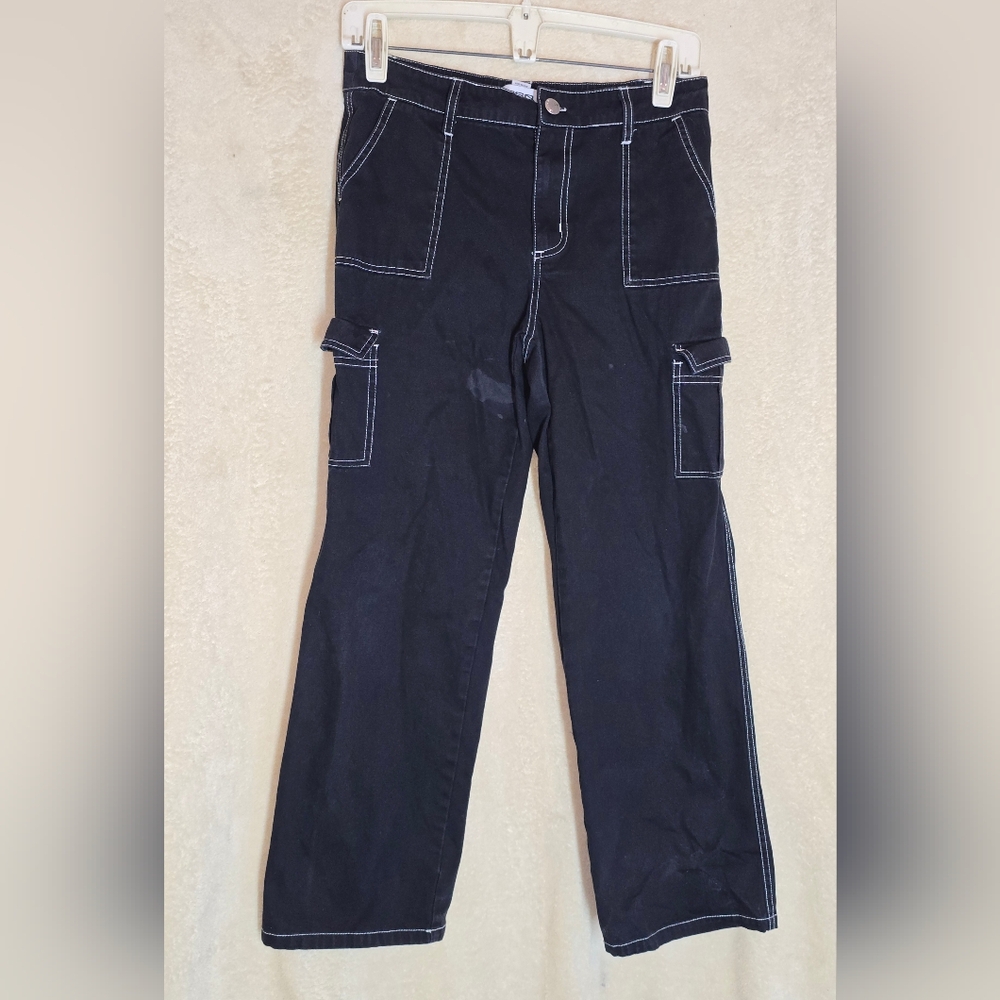 RSQ Women's Black Cargo Pants White Contrast Stitching Size XLarge 100% Cotton